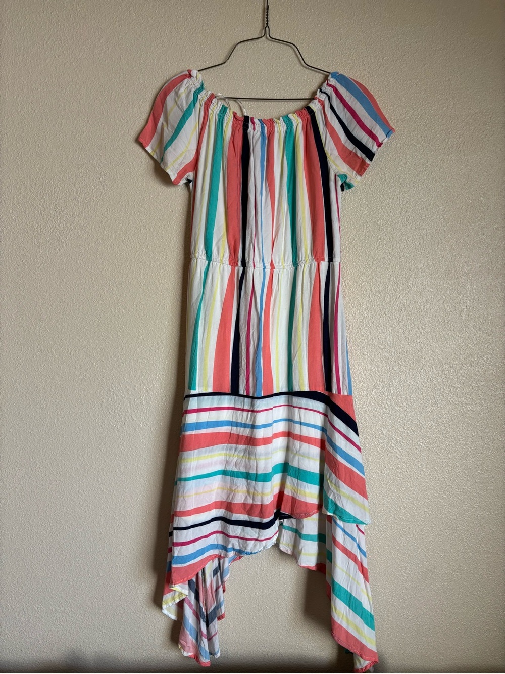 Multicolor Striped Off-Shoulder High-Low Dress